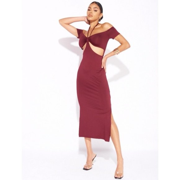 Burgundy Halter Neck Off Shoulder Short Sleeve Slit Cutout Bodycon Midi Dress - Picture 4 of 13